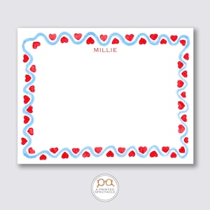 Juego de tarjetas de notas personalizadas con corazones rojos ondulados en azul/para baby shower, novia, femenino, niños, despedida de soltera, papelería para niñas, regalo para ella