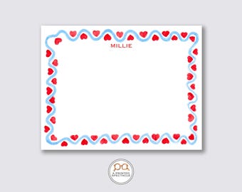 Personalized Notecard Set: Blue Wavy Hearts, Watercolor Stationery