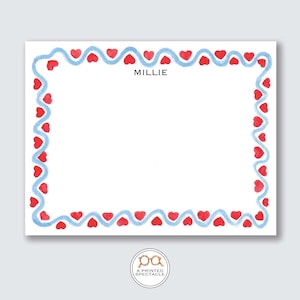 Set di biglietti di auguri personalizzati con cuori rossi ondulati blu / Biglietti per baby shower, matrimoni, femminili, per bambini, addio al nubilato, articoli di cancelleria per ragazze, regalo per lei