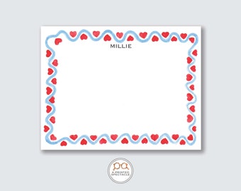 Personalized Watercolor Notecard Set: Blue Waves, Red Hearts