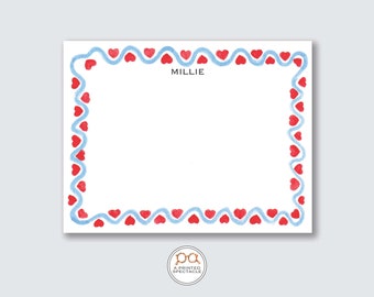 Blue Wavy Red Hearts Personalized Notecard Set | Baby Shower, Bridal, Feminine, Kids Notecards, Bachelorette, Girls Stationery, Gift for Her