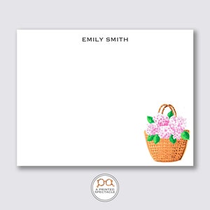 Großer rosa Hortensien-Marktkorb, personalisiertes Notizkarten-Set | Dankeschön, Mädchen-Notizkarte, Geschenk für Sie, Preppy, Gastgebergeschenk, Pariser Chic