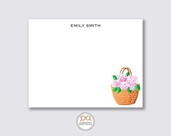 Conjunto de cartões personalizados com hortênsias rosas: cesta de mercado em aquarela