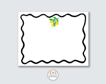 Lemon Watercolor Personalized Notecard Set: Wavy Black Border