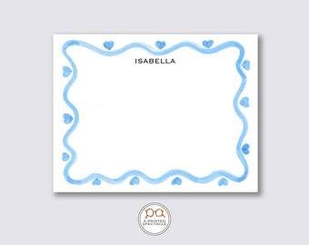 Personalized Notecard Set: Blue Watercolor Hearts, Feminine Stationery