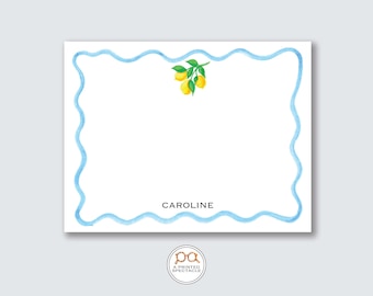 Lemon Watercolor Personalized Notecard Set: Blue Wavy Stationery