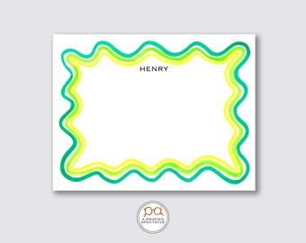 Personalized Wavy Notecard Set: Green & Yellow Watercolor Stationery