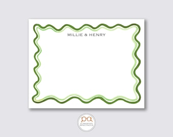 Personalized Hunter and Sage Green Wavy Notecard Set: Watercolor Stationery