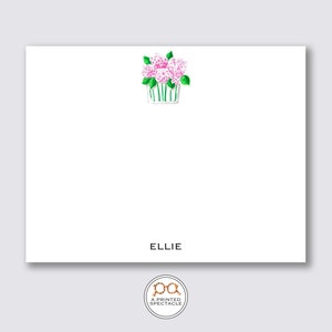 Roze Hortensia Vaas Gepersonaliseerde Notecard Set | Meisjes briefpapier, chinoiserie, preppy, vrouwelijk, vrouwen, moedercadeau, vrijgezellenfeest, bruids