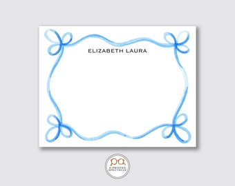 Blue Ribbon Wavy Personalized Notecard Set | Baby Shower, Bridal, Feminine, Kids Notecards, Bachelorette, Girls Stationery, Gift for Her