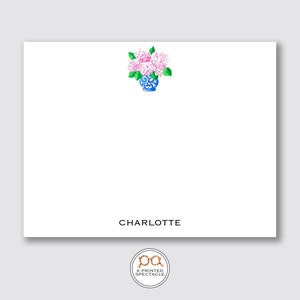 Rosa Hortensien Ginger Jar personalisiertes Notecard Set | Mädchen Schreibwaren, Chinoiserie, Preppy, Feminin, Frauen, Mutter Geschenk, Bachelorette, Braut