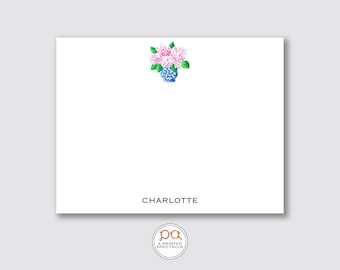 Pink Hydrangea Ginger Jar Personalized Notecard Set: Watercolor Stationery