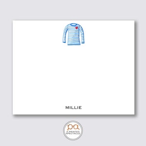 Blau gestreiftes Shirt mit rotem Herz personalisiertes Notecard Set | Mädchen Schreibwaren, Preppy, feminin, Frauen, Mutter Geschenk, Französisch Liebhaber, Pariser