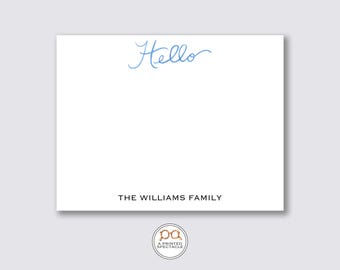 Personalized Blue Watercolor Hello Notecard Set