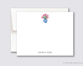 Tulpen im Ingwerglas personalisiertes Notizkarten-Set | Briefpapier für Mädchen, Chinoiserie, Preppy, Feminin, Frauen, Muttergeschenk, Bachelorette, Braut