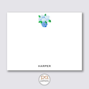 Blaues Hortensien Ginger Jar personalisiertes Notecard Set | Mädchen Schreibwaren, Chinoiserie, Preppy, Feminin, Frauen, Mutter Geschenk, Bachelorette, Braut