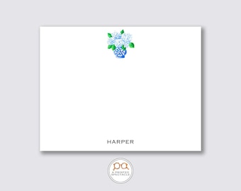 Blaues Hortensien Ginger Jar personalisiertes Notecard Set | Mädchen Schreibwaren, Chinoiserie, Preppy, Feminin, Frauen, Mutter Geschenk, Bachelorette, Braut