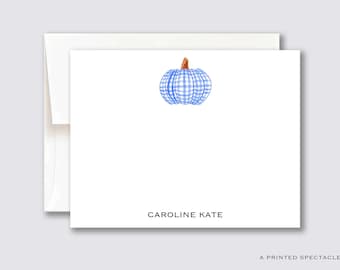 Blue Gingham Pumpkin Personalized Notecard Set: Fall Stationery