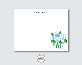Blue Hydrangea Vase Personalized Notecard Set: Chinoiserie Stationery
