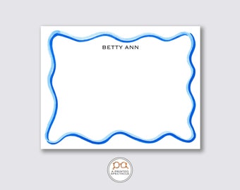 Personalized Blue Wavy Notecard Set: Watercolor Stationery