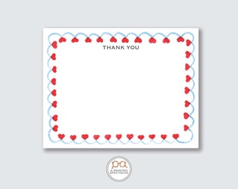 Vieira azul con corazones rojos gracias conjunto de tarjetas de notas / baby shower, femenino, tarjetas de notas para niños, despedida de soltera, papelería para niñas, regalo para ella