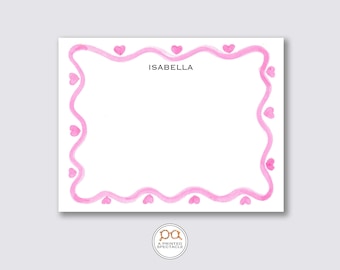 Pink Watercolor Hearts Personalized Notecard Set