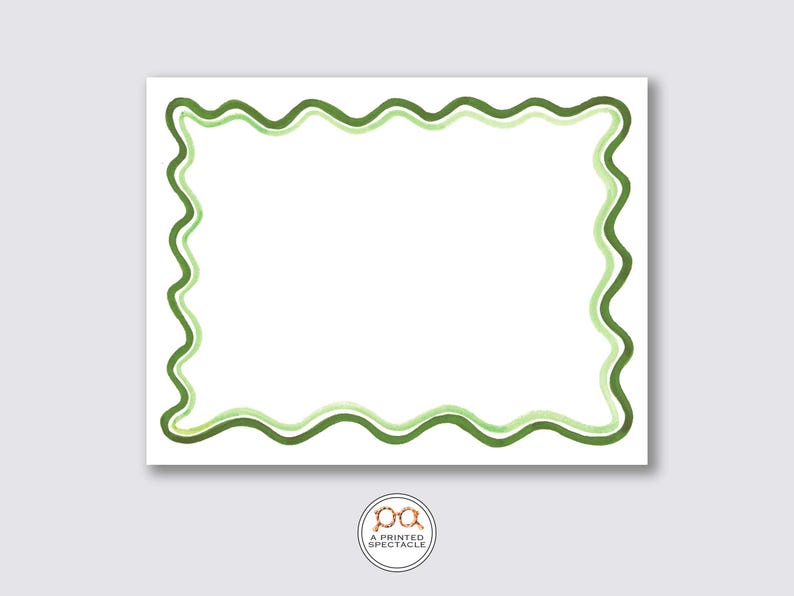 Peut inclure: Un fond blanc avec une bordure ondul&eacute;e verte. La bordure est compos&eacute;e de trois couches de lignes ondul&eacute;es, la couche ext&eacute;rieure &eacute;tant le vert le plus fonc&eacute; et la couche int&eacute;rieure &eacute;tant le vert le plus clair.