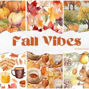 K&ouml;nnte beinhalten: Eine digitale Collage aus sechs verschiedenen Herbstmustern. Die obere Reihe zeigt ein Muster aus K&uuml;rbissen, ein Muster aus Herbstbl&auml;ttern und ein Muster aus B&auml;umen. Die untere Reihe zeigt ein Muster aus Herbstbl&auml;ttern und Geb&auml;ck, ein Muster aus Herbstbl&auml;ttern und Kaffeetassen sowie ein Muster aus Eichh&ouml;rnchen, Eicheln und Birnen. Der Text "Fall Vibes" ist in brauner Schrift in der Mitte der Collage geschrieben.