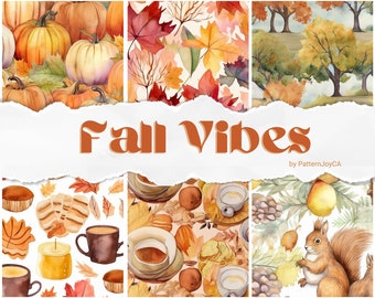 May include: A digital collage of six different fall-themed patterns. The top row features a pattern of pumpkins, a pattern of autumn leaves, and a pattern of trees. The bottom row features a pattern of fall leaves and pastries, a pattern of fall leaves and coffee cups, and a pattern of squirrels, acorns, and pears. The text "Fall Vibes" is written in a brown font in the center of the collage.