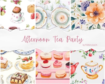 Könnte beinhalten: Eine Collage aus Aquarell-Illustrationen zum Thema Teezeit. Die Bilder zeigen Teetassen, Teekannen, Kuchen, Gebäck und Blumenmuster. Der Text "Afternoon Tea Party by PatternJoyCA" ist in der Mitte zu sehen.