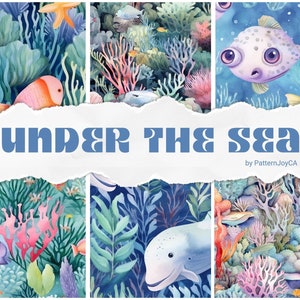 May include: A digital collage of watercolor illustrations depicting an underwater scene. The collage is divided into three sections, each featuring different marine life and coral reefs. The top section features a white and purple fish with large eyes, the middle section features the text "under the sea" in blue, and the bottom section features a white dolphin swimming among coral reefs.