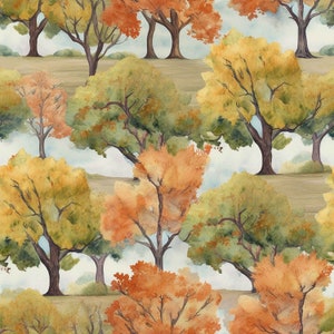 K&ouml;nnte beinhalten: Ein Aquarellbild, das eine Waldszene mit vielen B&auml;umen in verschiedenen Gr&uuml;nt&ouml;nen, Gelb- und Oranget&ouml;nen zeigt. Die B&auml;ume sind zuf&auml;llig angeordnet und erzeugen so ein Gef&uuml;hl von Tiefe und Bewegung.