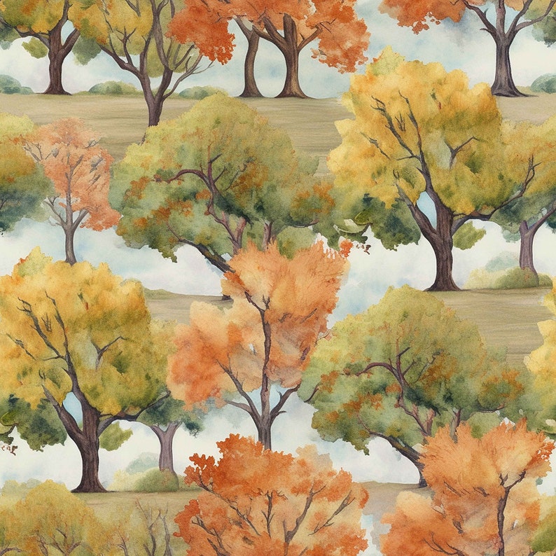 K&ouml;nnte beinhalten: Ein Aquarellbild, das eine Waldszene mit vielen B&auml;umen in verschiedenen Gr&uuml;nt&ouml;nen, Gelb- und Oranget&ouml;nen zeigt. Die B&auml;ume sind zuf&auml;llig angeordnet und erzeugen so ein Gef&uuml;hl von Tiefe und Bewegung.