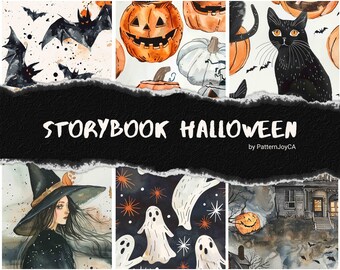 Seamless pattern pack, Storybook Halloween patterns, Black cat pattern, digital paper