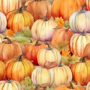 K&ouml;nnte beinhalten: Ein Aquarellbild einer Sammlung von K&uuml;rbissen in verschiedenen Oranget&ouml;nen, Gelb und Wei&szlig;. Die K&uuml;rbisse sind in einem zuf&auml;lligen Muster angeordnet und einige sind teilweise von Bl&auml;ttern verdeckt.
