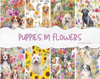 May include: A collage of eight different watercolor illustrations featuring various dog breeds in a field of flowers. The illustrations include a Cavalier King Charles Spaniel, a Golden Retriever, a Poodle, a Labrador Retriever, a Westie, and a variety of flowers, including sunflowers.