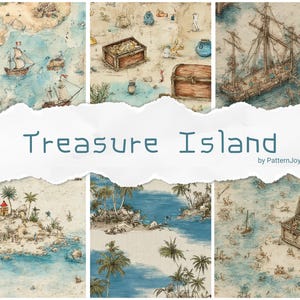 May include: A series of watercolour illustrations depicting a treasure island theme. The images feature maps, sailing ships, treasure chests, and tropical islands. The text "Treasure Island" is displayed across the centre, with "by PatternJoyCA" below.