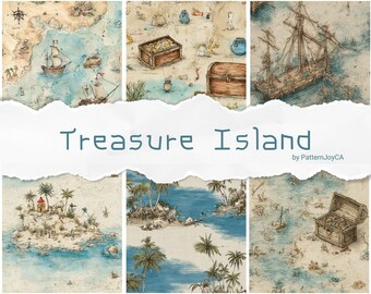 Könnte beinhalten: Eine Sammlung von Aquarellillustrationen zum Thema Schatzinsel. Die Bilder zeigen Karten, Segelschiffe, Schatztruhen und tropische Inseln. Der Text "Treasure Island" ist in der Mitte zu sehen, darunter "by PatternJoyCA".