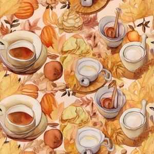 K&ouml;nnte beinhalten: Ein nahtloses Muster mit Aquarell-Illustrationen von Teetassen, Untertassen und Teekannen mit floralen und Blatt-Akzenten. Das Muster ist in Braun-, Beige- und Cremet&ouml;nen gehalten.