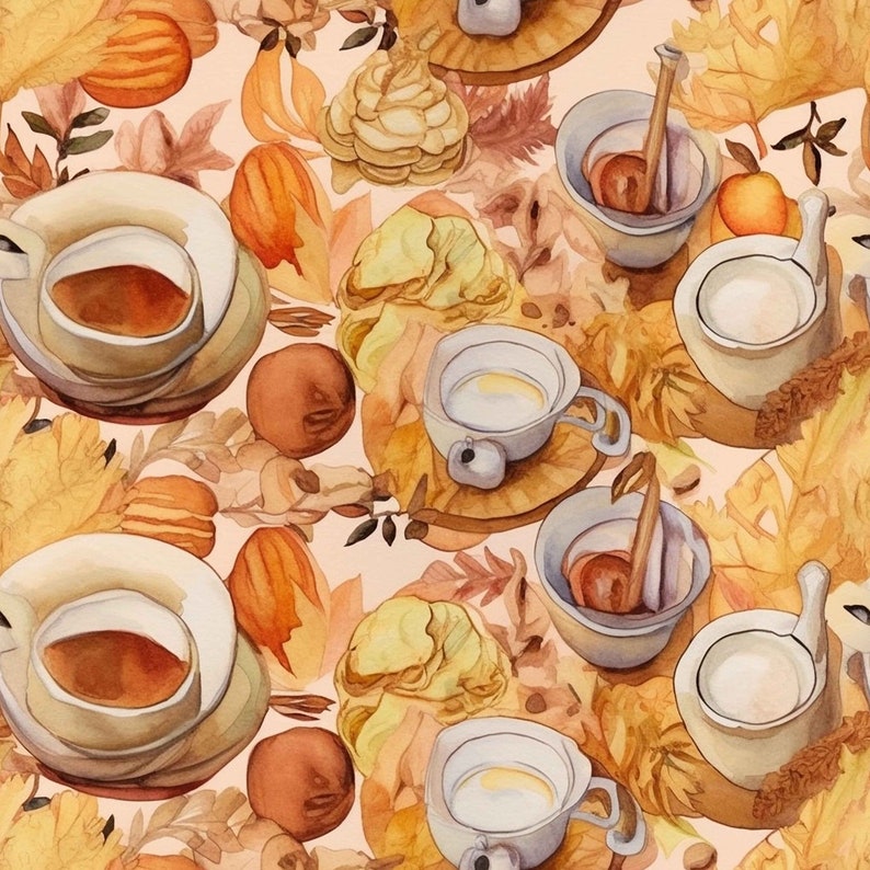 K&ouml;nnte beinhalten: Ein nahtloses Muster mit Aquarell-Illustrationen von Teetassen, Untertassen und Teekannen mit floralen und Blatt-Akzenten. Das Muster ist in Braun-, Beige- und Cremet&ouml;nen gehalten.