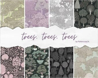 Könnte beinhalten: Eine Collage aus zehn verschiedenen nahtlosen Mustern mit verschiedenen Baumarten. Die Muster sind in Grün-, Grau-, Schwarz- und Rosatönen gehalten. Der Text "trees, trees, trees by PatternJoyCA" befindet sich am unteren Rand des Bildes.