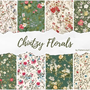 May include: Eight seamless floral patterns in a vintage style with a mix of red, pink, blue, yellow, and white flowers on green and cream backgrounds. The text "Chintzy Florals by PatternJoyCA" is at the center of the image.