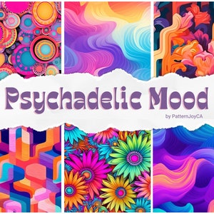 May include: A collage of six different psychedelic patterns in vibrant colours, including circles, swirls, flowers, and geometric shapes. The text "Psychedelic Mood by PatternJoyCA" is at the top of the image.