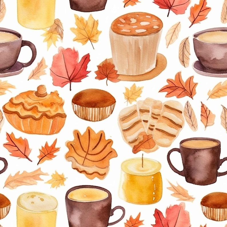 K&ouml;nnte beinhalten: Aquarell-Illustration von herbstlichen Motiven, darunter Kaffeetassen, Geb&auml;ck, Kerzen und Herbstbl&auml;tter. Die Illustration ist in einem sich wiederholenden Muster.