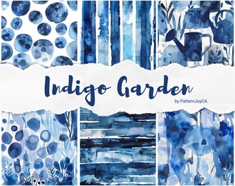 Könnte beinhalten: Indigo Garden von PatternJoyCA, ein Set mit sechs digitalen nahtlosen Mustern mit Aquarelldesigns in Blautönen. Die Muster umfassen Kreise, Streifen und florale Motive.