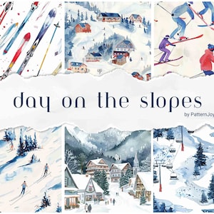 Può includere: Un collage di sei illustrazioni ad acquerello che rappresentano una giornata invernale sulle piste. La fila superiore presenta sciatori e bastoni da sci, un villaggio di montagna innevato e sciatori in azione. La fila inferiore mostra sciatori su una pista innevata, un villaggio con una chiesa e una seggiovia che sale su una montagna.
