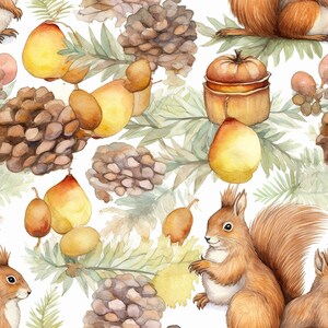 K&ouml;nnte beinhalten: Aquarell-Illustration mit einem nahtlosen Muster aus Eichh&ouml;rnchen, Tannenzapfen, Birnen und Bl&auml;ttern. Die Eichh&ouml;rnchen sind braun und orange mit buschigen Schw&auml;nzen. Die Tannenzapfen sind braun und haben eine raue Textur. Die Birnen sind gelb und haben eine glatte Textur. Die Bl&auml;tter sind gr&uuml;n und haben verschiedene Formen.