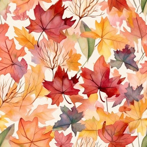 K&ouml;nnte beinhalten: Ein Aquarellmuster mit verschiedenen Herbstbl&auml;ttern in Rot-, Orange-, Gelb- und Braunt&ouml;nen. Die Bl&auml;tter sind in einem zuf&auml;lligen Muster auf wei&szlig;em Hintergrund angeordnet.