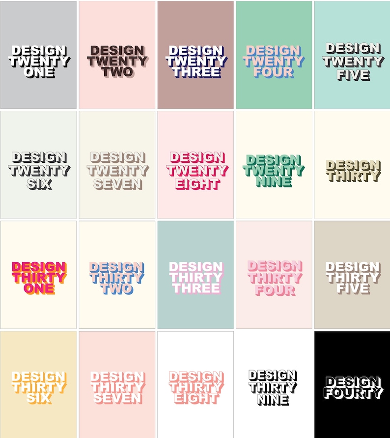 May include: A set of 20 colorful digital design templates with the text "Design Twenty One" through "Design Forty" in a 3D style.