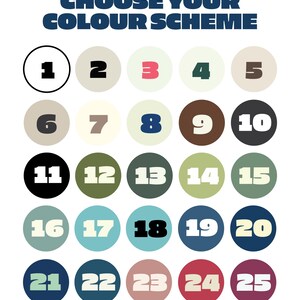 Może przedstawiać: Tabela z 25 wzornikami kolor&oacute;w ponumerowanymi od 1 do 25. Tabela nosi tytuł "Wybierz sw&oacute;j schemat kolor&oacute;w".